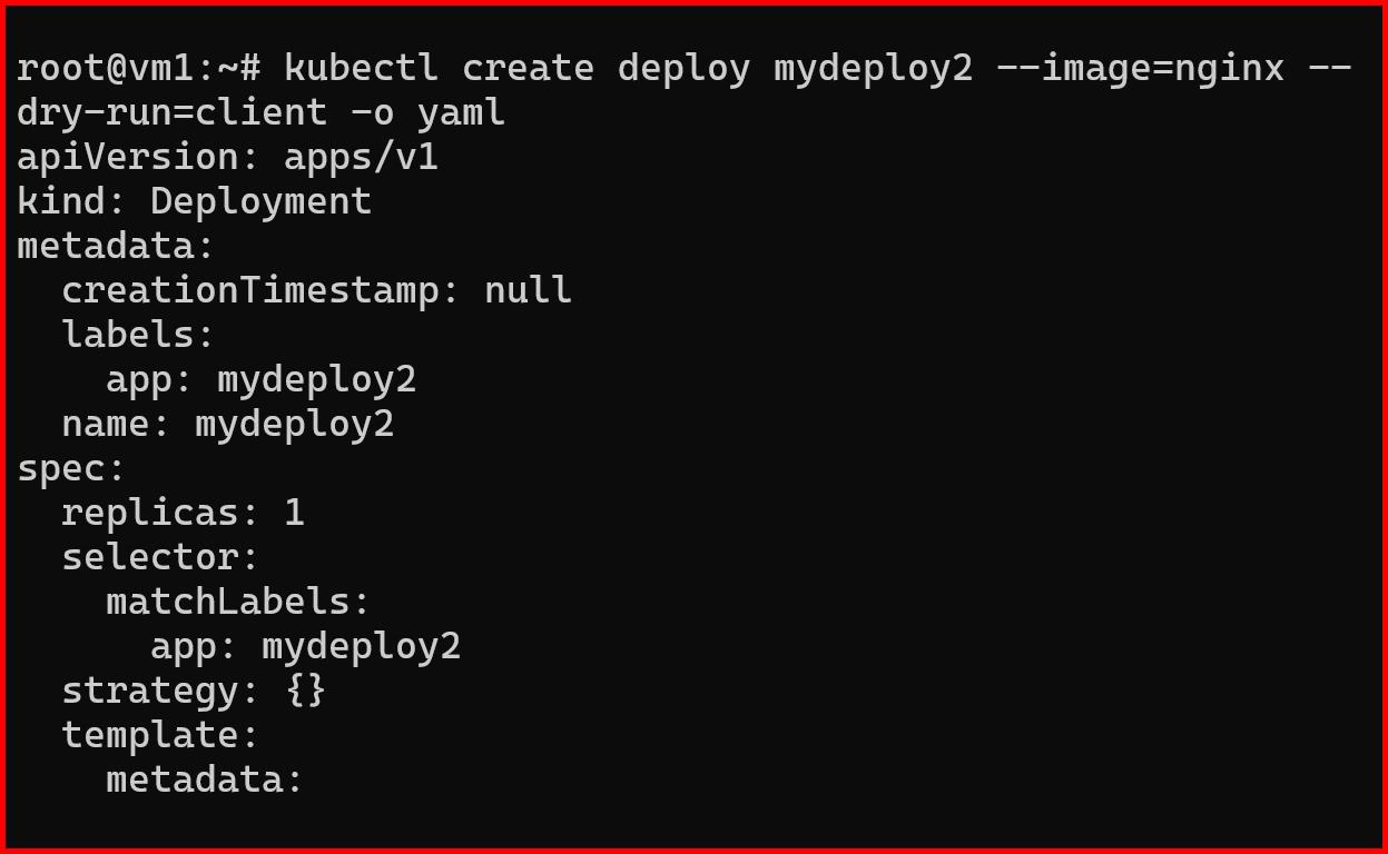 Picture showing the execution of dry run of kubectl create deploy command